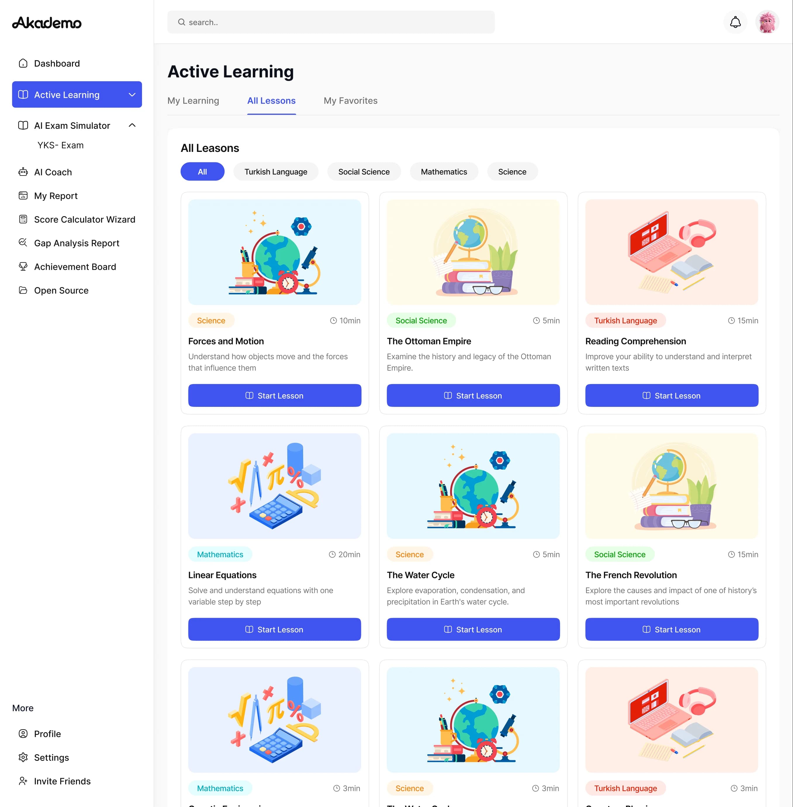 Her konuya dersler, videolar, ses ve kişisel öğretmenle hâkim ol.